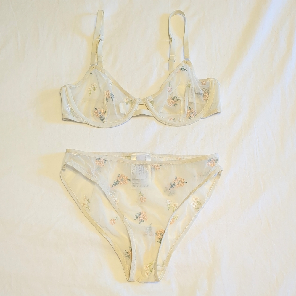 And Other Stories White Embroidered Sheer Lingerie Set 32B Small High Waist